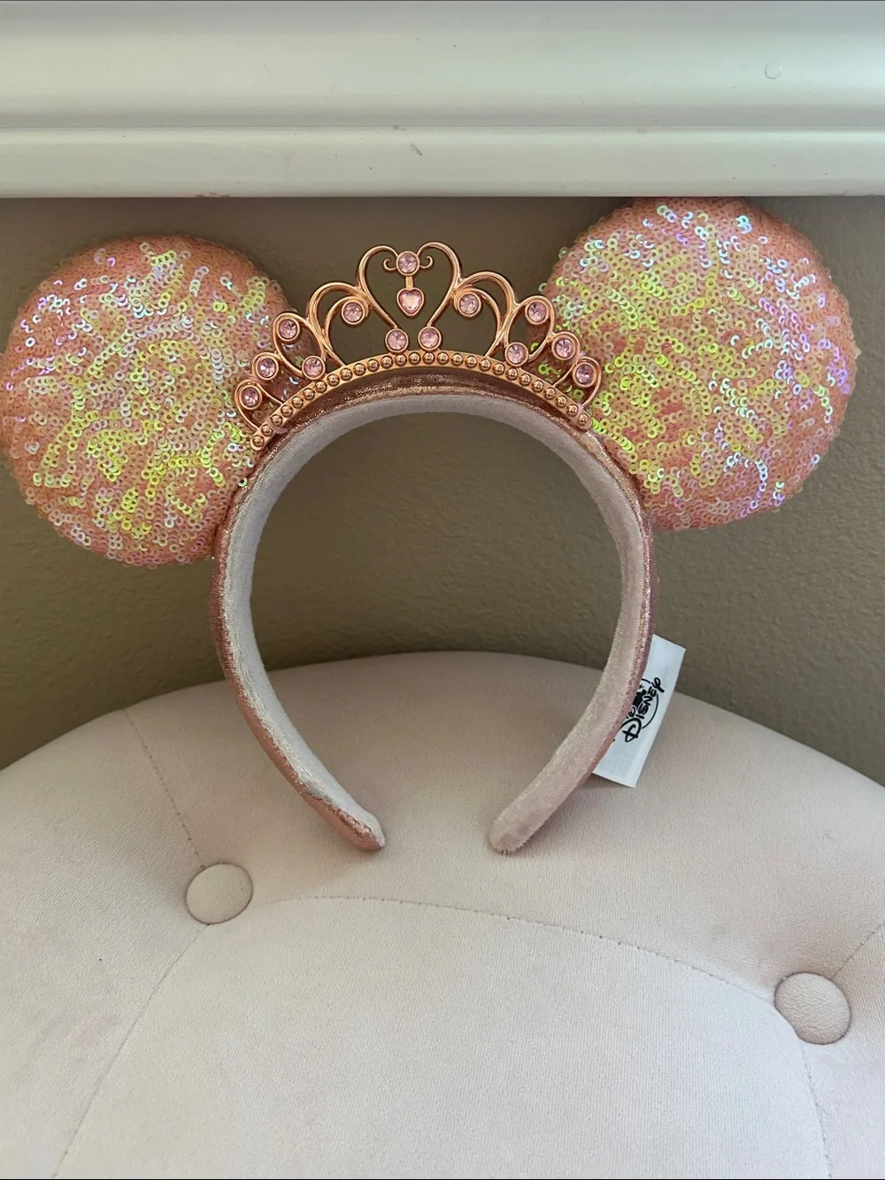 Disney Rose Gold Sequin Minnie Ear Headband with Mini Tiara